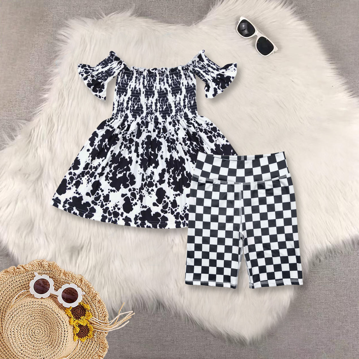 RTS NO MOQ baby girls clothes ink pattern short sleeve dress cycle shorts sets