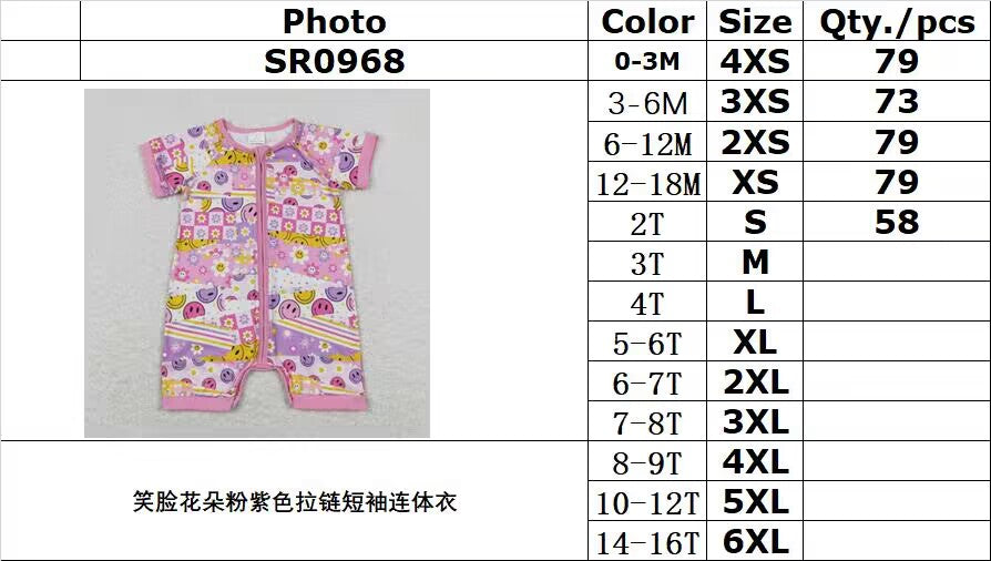 SR0968 Smiley flower pink and purple zipper short-sleeved jumpsuit