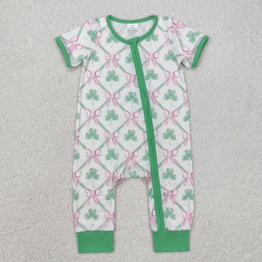 RTS NO MOQ ETA 5/7days arrived SR2109 Four-leaf clover bow pattern green and white zipper short-sleeved jumpsuit