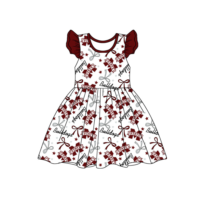 custom moq 3 eta 6-7weeks baby girls clothes bow dark red flying Sleeves Dress