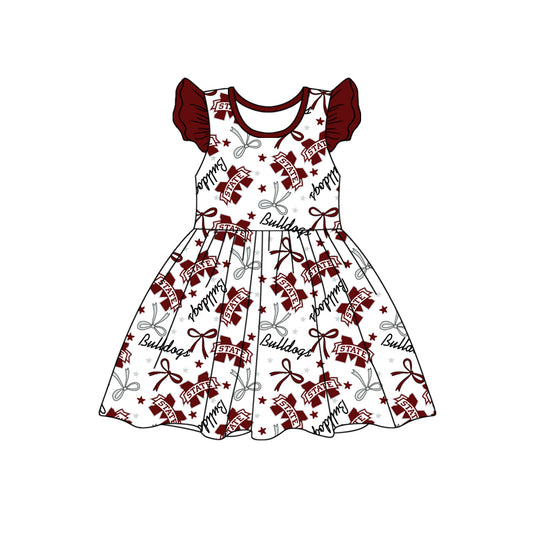 custom moq 3 eta 6-7weeks baby girls clothes bow dark red flying Sleeves Dress