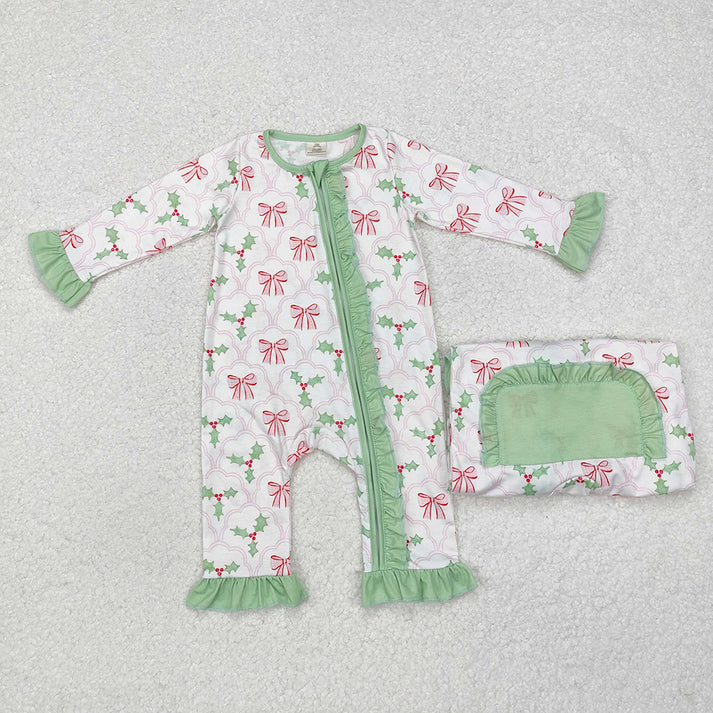 RTS NO MOQ Mommy Baby Girls Christmas Bows Holly Pajamas Clothes Sets