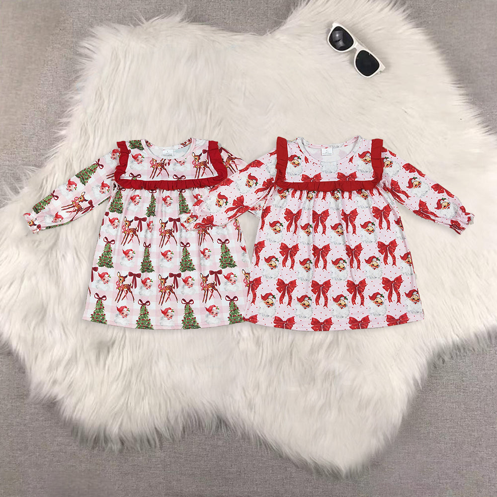 RTS Sibling baby girls clothes Christmas cartoon bow long Sleeve dresses