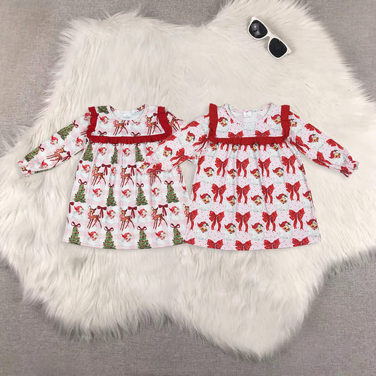 RTS Sibling baby girls clothes Christmas cartoon bow long Sleeve dresses