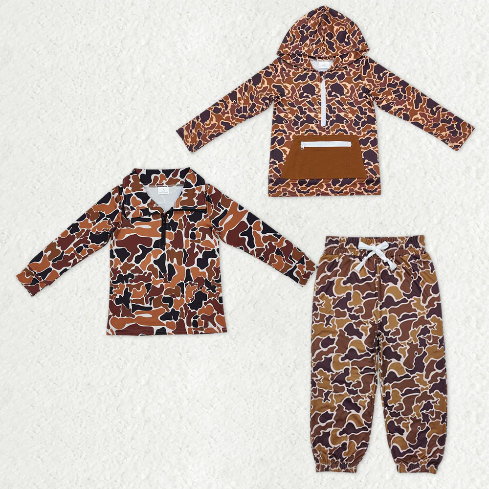 RTS NO MOQ Sibling baby boy clothes camouflage hooded long sleeve tops 2 and pants