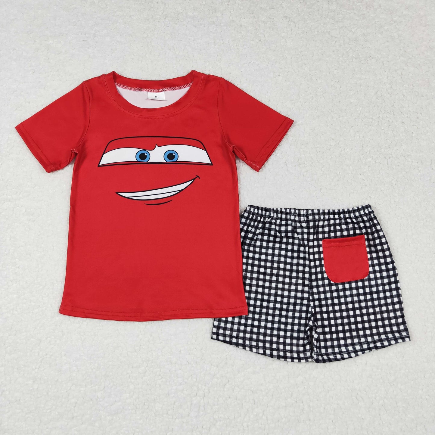 RTS NO MOQ（In Stock ) BSSO0654 cars cartoon car red short sleeve plaid shorts suit