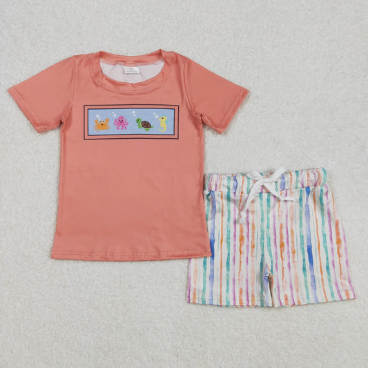 RTS NO MOQ ETA 5/7days Arrived BSSO1278 Crab, octopus, turtle, seahorse, orange short-sleeved colorful striped shorts suit