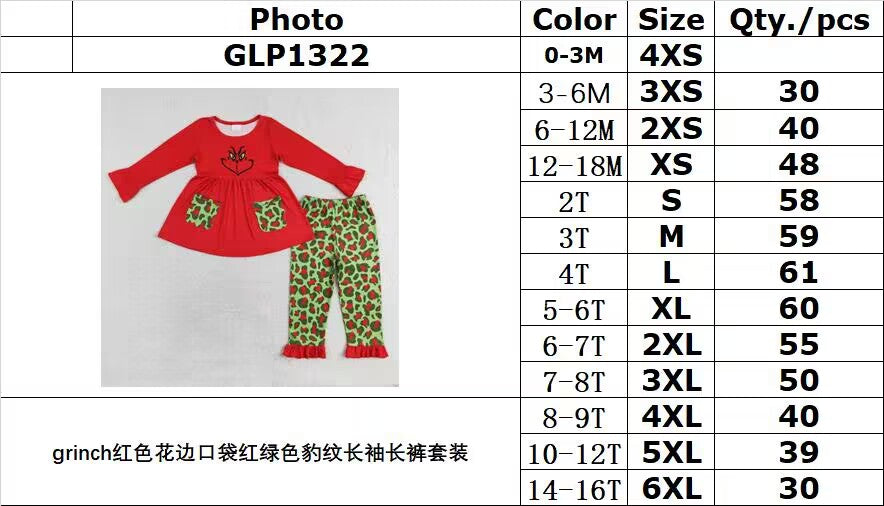 rts no moq GLP1322 grinch red lace pocket red and green leopard print long-sleeved trousers set