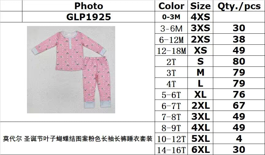 BAMBOO RTS NO MOQ ETA 5/7days GLP1925 Modal Christmas leaf bow pattern pink long-sleeved trousers pajama set