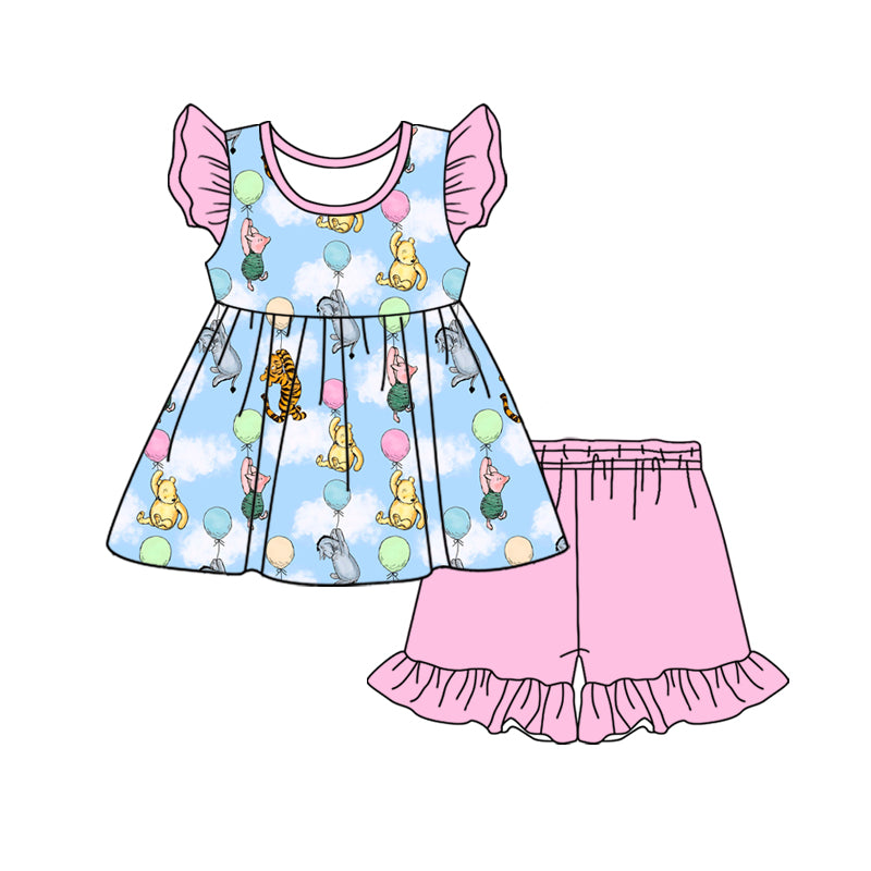 Custom moq 3 eta 7/8week moq 5 eta /4/5week baby girl clothes cartoon flying Sleeve Top Top Shorts Set