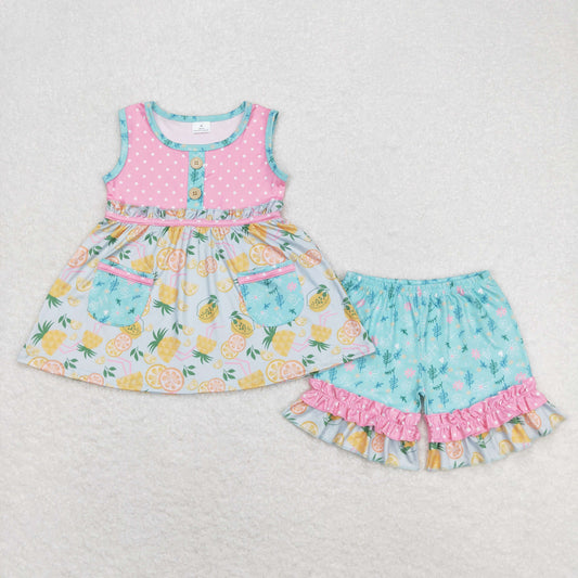 GSSO0783 Pineapple lemon orange lace polka dot button pink sleeveless shorts suit