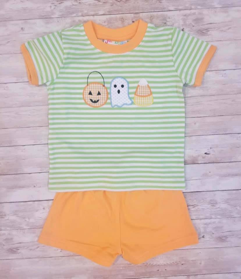 Deadline July 214custom no moq  eta 6-7weeks Striped Boys Short Sleeve and Shorts Pumpkin Suit