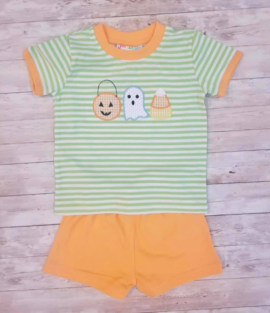 Deadline July 214custom no moq  eta 6-7weeks Striped Boys Short Sleeve and Shorts Pumpkin Suit