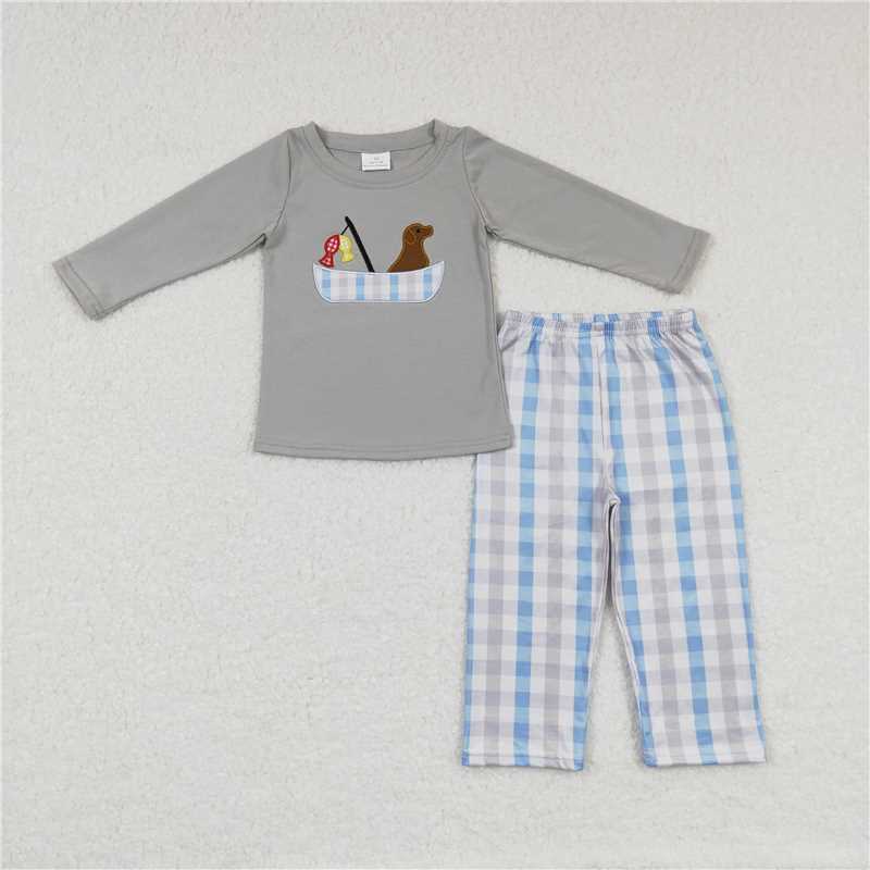 Baby girls Puppy on the boat print gray Sibling Sister Clothes Sets