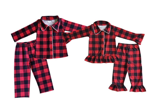 Baby Girls boys Red and white plaid stripe print Family siblings set