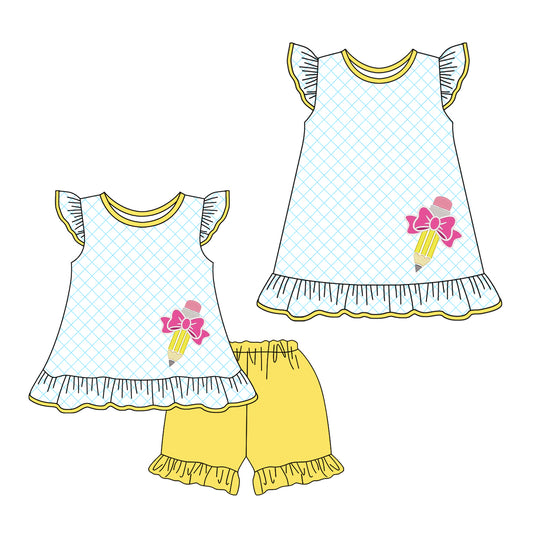 1.17 custom each style moq 5eta 4-6week Sibling Sister back to school baby girl short sleeve shorts sets and dresses match design