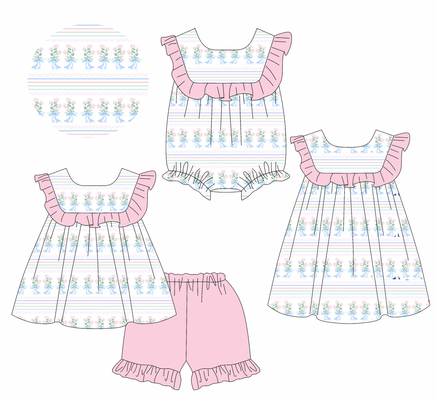 1.24 custom each style moq 5eta 4-6week Sibling Sisters baby girl short sleeve shorts sets and dress and rompers match family design