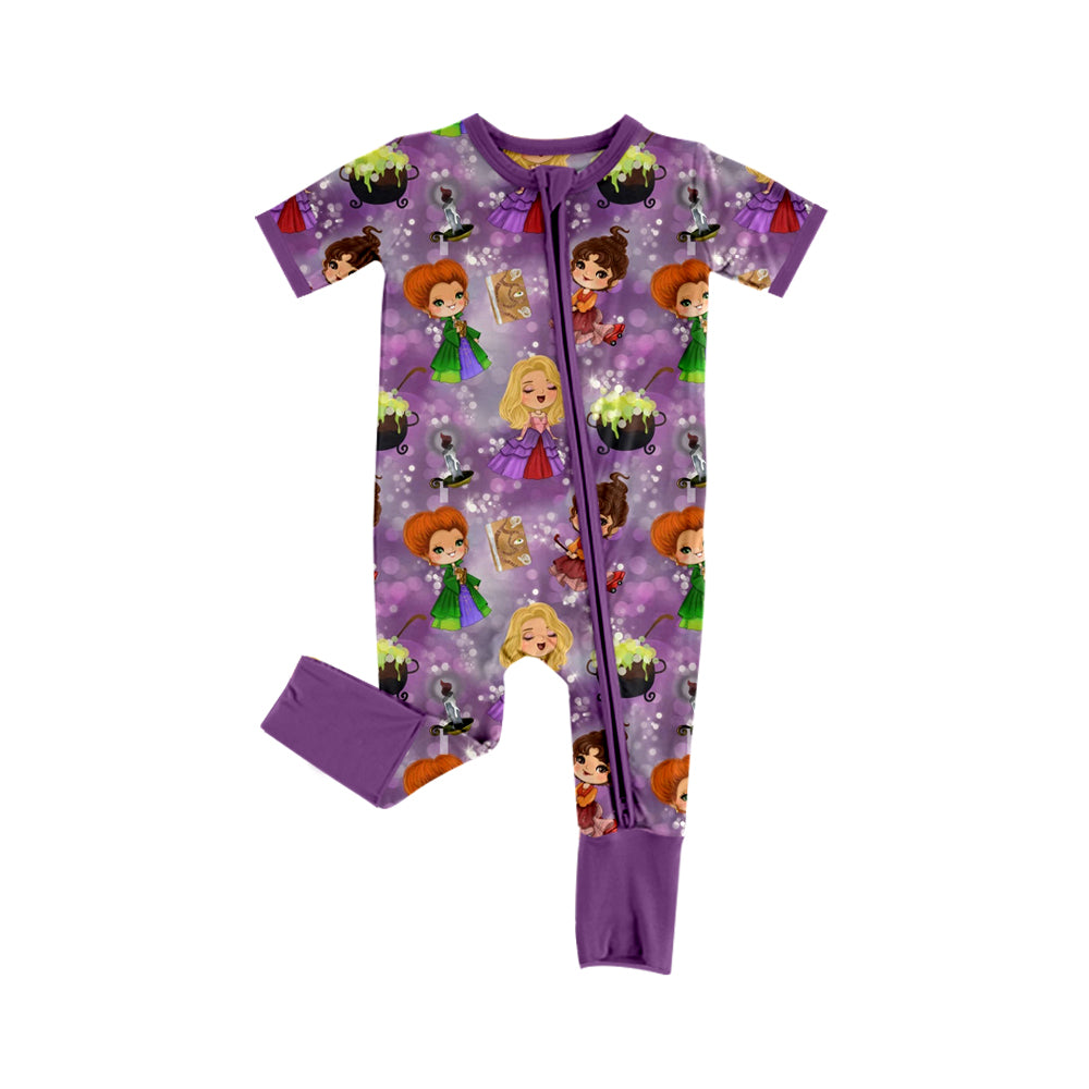 5.2custom each style moq 5eta 4-5week Sibling Sister cartoon character prints purple girls jumpsuits and dress and baby romper match family design