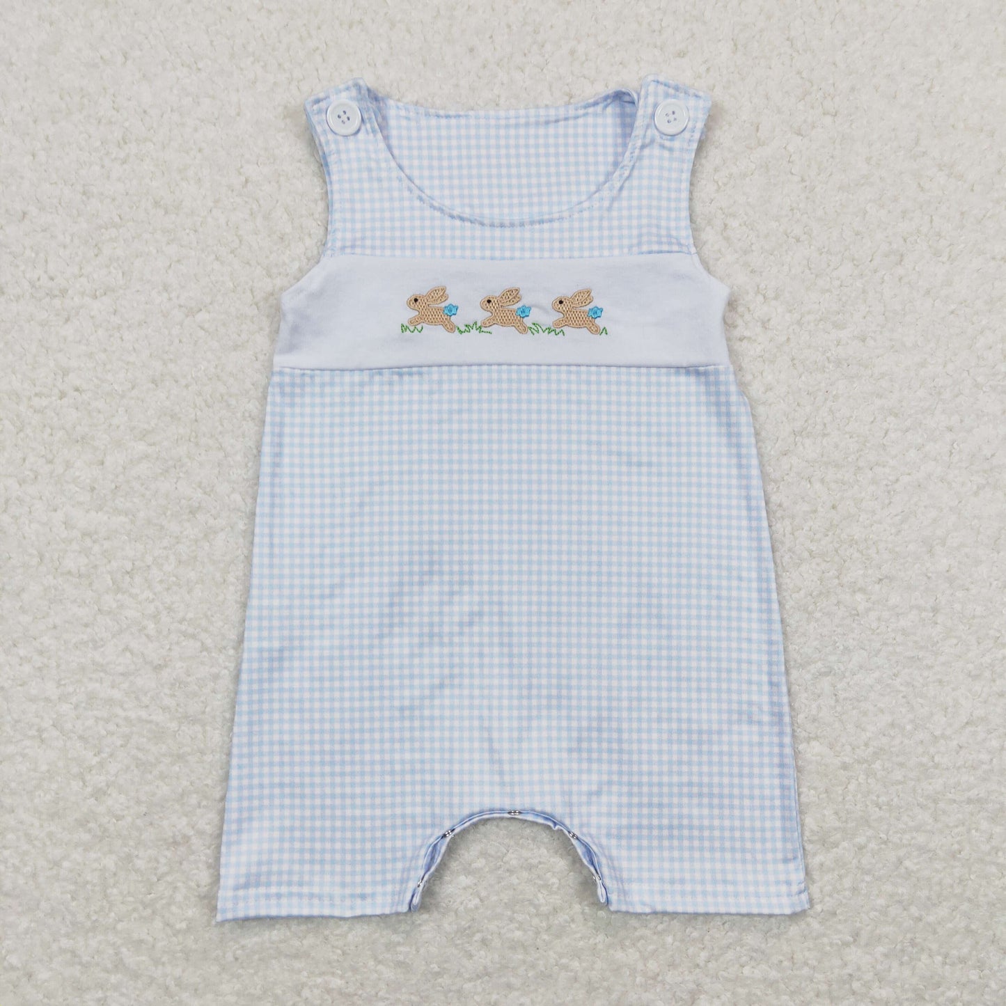 SR0621 Embroidered Three Rabbits Blue Plaid Sleeveless Jumpsuit