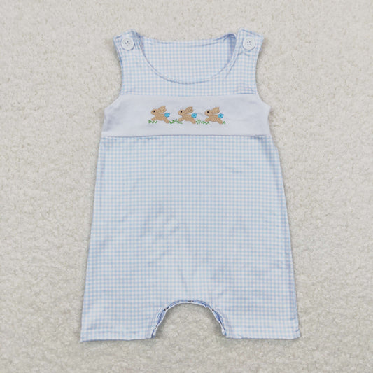 SR0621 Embroidered Three Rabbits Blue Plaid Sleeveless Jumpsuit