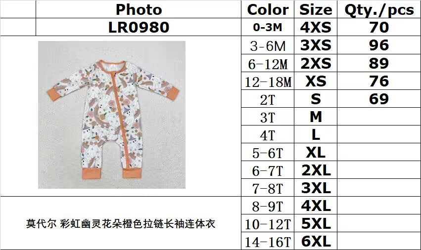 bamboo rts no moq LR0980 Modal rainbow ghost flower orange zipper long-sleeved jumpsuit