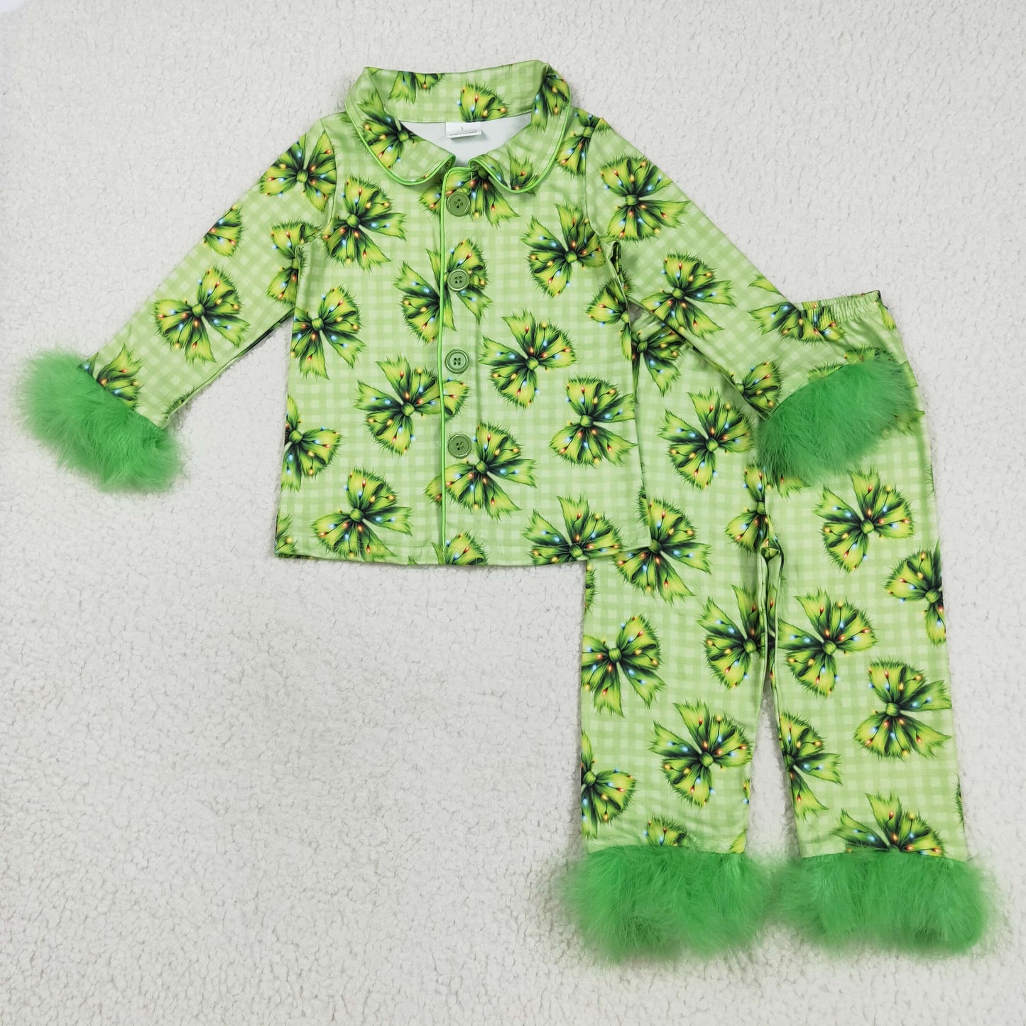 RTS NO MOQ（In Stock) GLP2581 Colorful light bow pattern green plaid plush edge long sleeve trousers pajama set