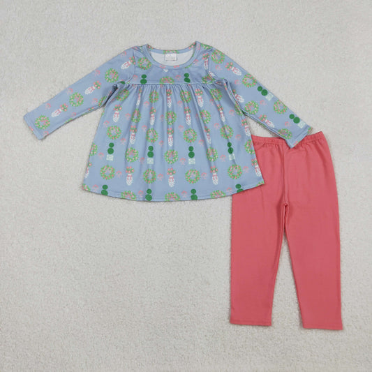 RTS NO MOQ（In Stock) GLP2868 Christmas wreath and vase bow pattern blue long-sleeved pink pants set