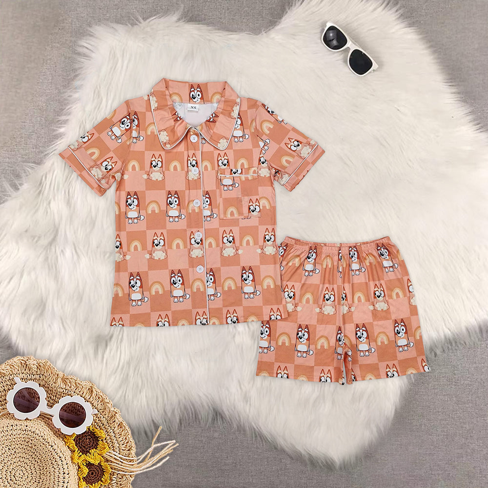RTS NO MOQ Adult Girl cartoon dog Short Sleeve Shorts Pajama Set & kids shorts sets