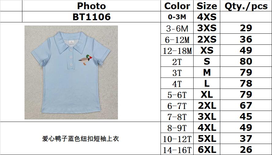 RTS NO MOQ ETA 5/7days arrived BT1106 Love duck blue button short-sleeved top