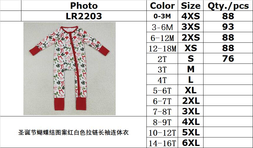RTS NO MOQ LR2203 Christmas bow pattern red and white zipper long-sleeved jumpsuit