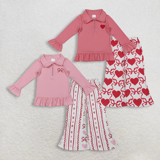 RTS NO MOQ Sibling Baby girl clothes embroidery valentine love bow long-sleeved trousers suit