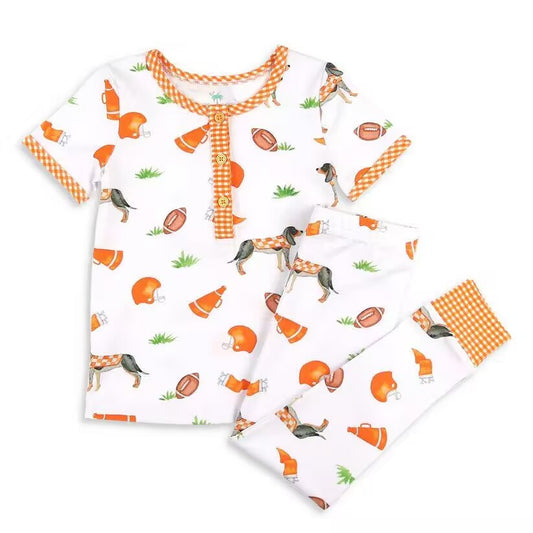 Custom moq 3 eta about 6-8 weeks  baby girls clothes dog orange Short Sleeve Long Pants Pajama Set