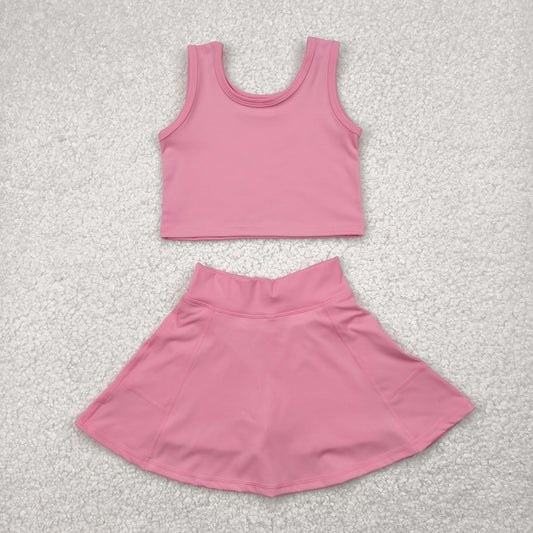 RTS NO MOQ GSD1978 Solid pink sleeveless skirt yoga set