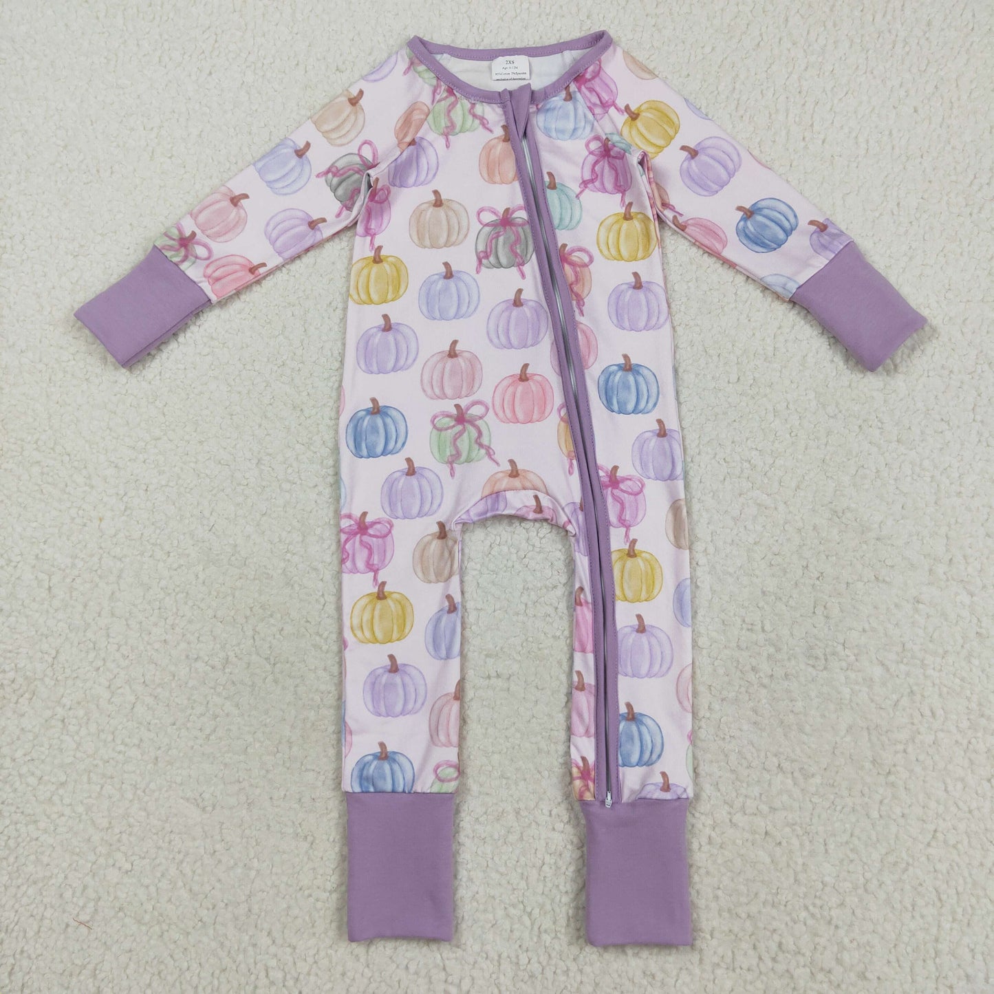 RTS NO MOQ（In Stock) LR2442 Pink and purple long-sleeved zip-up bodysuit with colorful pumpkin and bow pattern