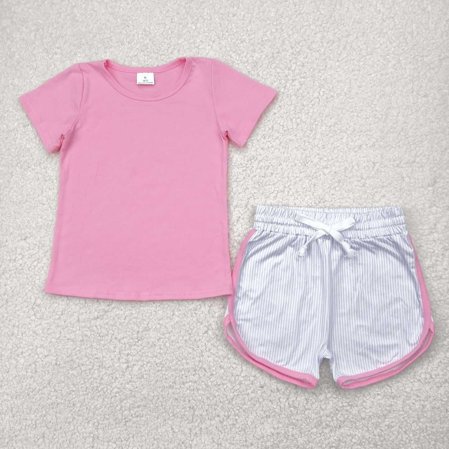 RTS NO MOQ GSSO2543 Pure pink short-sleeved purple striped shorts set