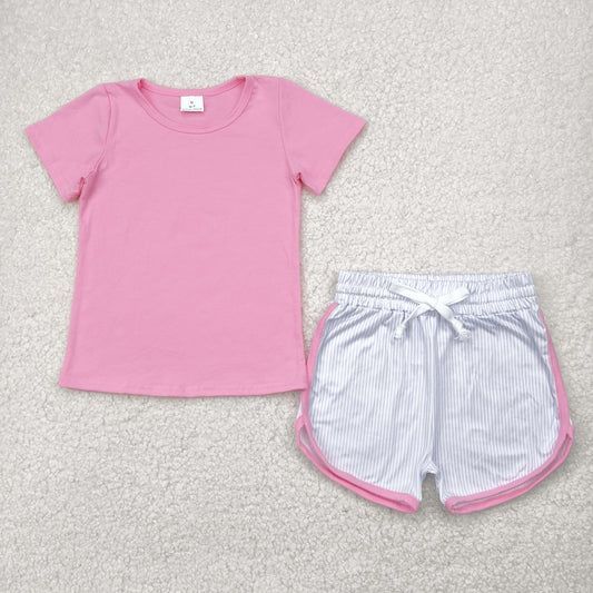RTS NO MOQ GSSO2543 Pure pink short-sleeved purple striped shorts set