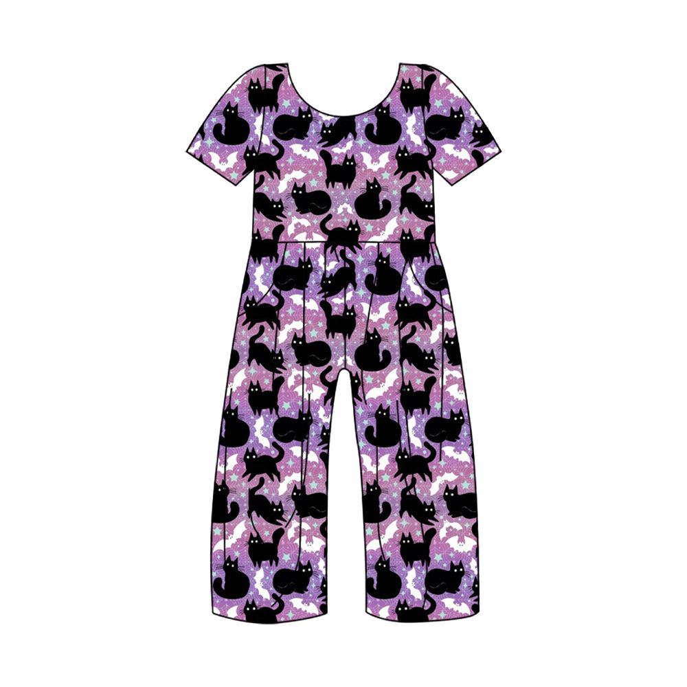 5.2custom each style moq 5eta 4-5week Sibling Sister black cat prints purple girls jumpsuits and dress and baby romper match family design