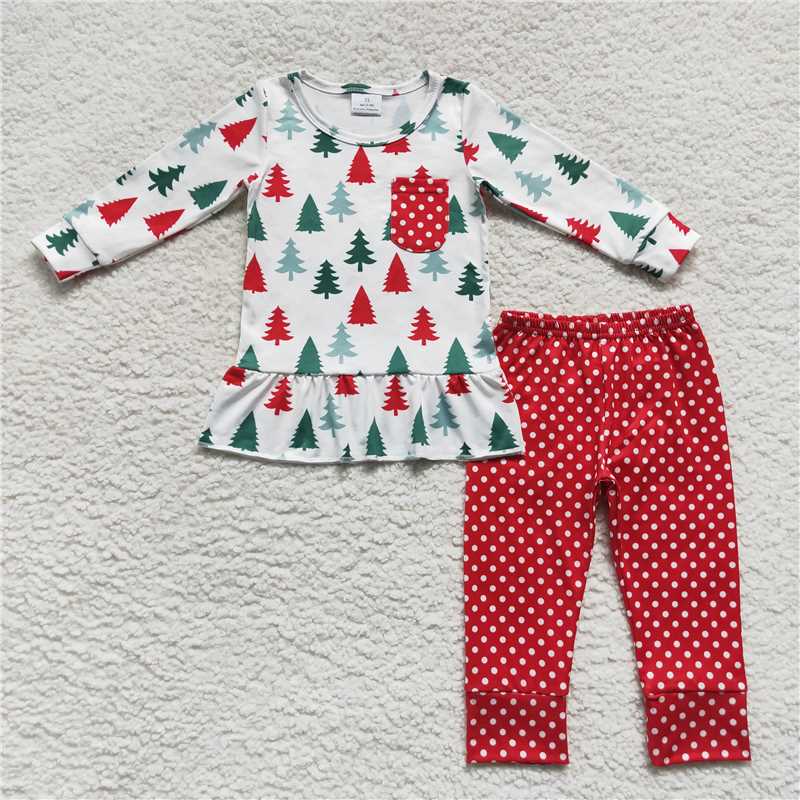 Baby Girls Pine tree print red and white polka dots family brother and sister set