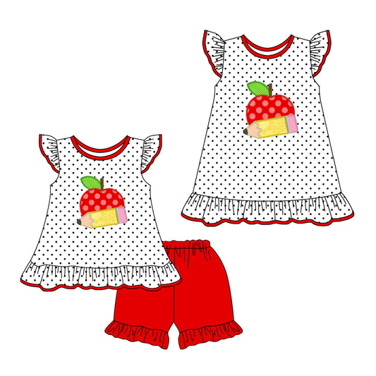 1.17 custom each style moq 5eta 4-6week Sibling Sister back to school baby girl short sleeve shorts sets and dresses match design