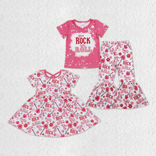Baby Girls Rock Roll Sibling Sister Pink Set Dresses Clothes Sets