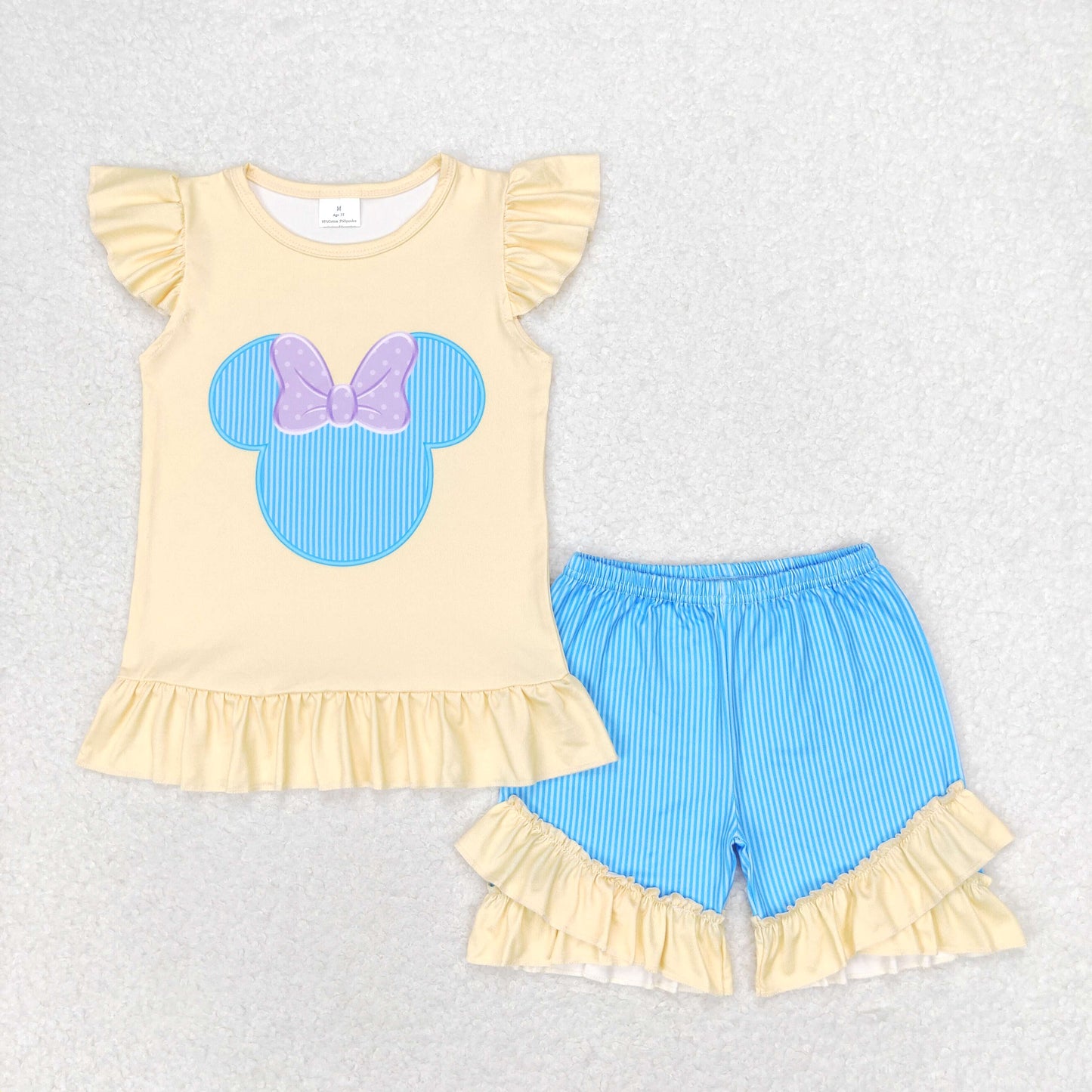 RTS NO MOQ GSSO1159 Bow Minnie Mickey Yellow Flying Sleeve Blue Striped Shorts Set