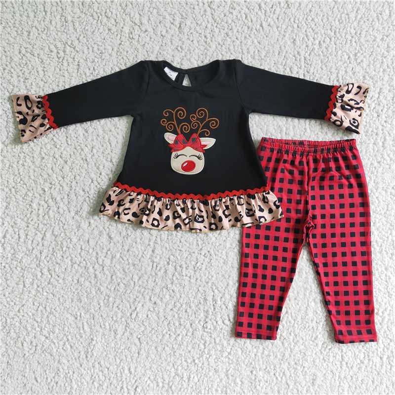 RTS NO MOQ（In Stock) 6 A18-27 Embroidered Christmas deer Long Sleeve Pants Set
