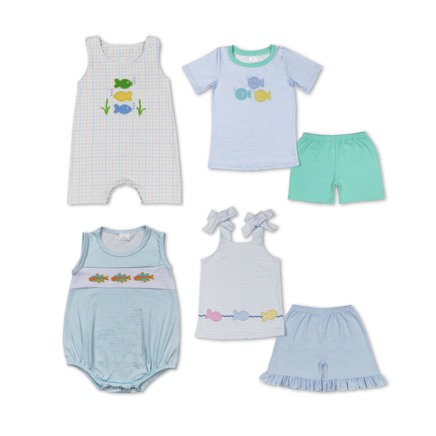 RTS NO MOQ Girls clothes embroidery fish short sleeve Clothes Sets romper