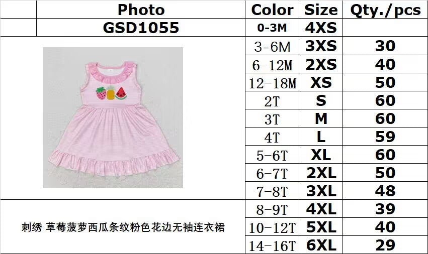 RTS no moq GSD1055 Embroidered Strawberry Pineapple Watermelon Striped Pink Lace Sleeveless Dress