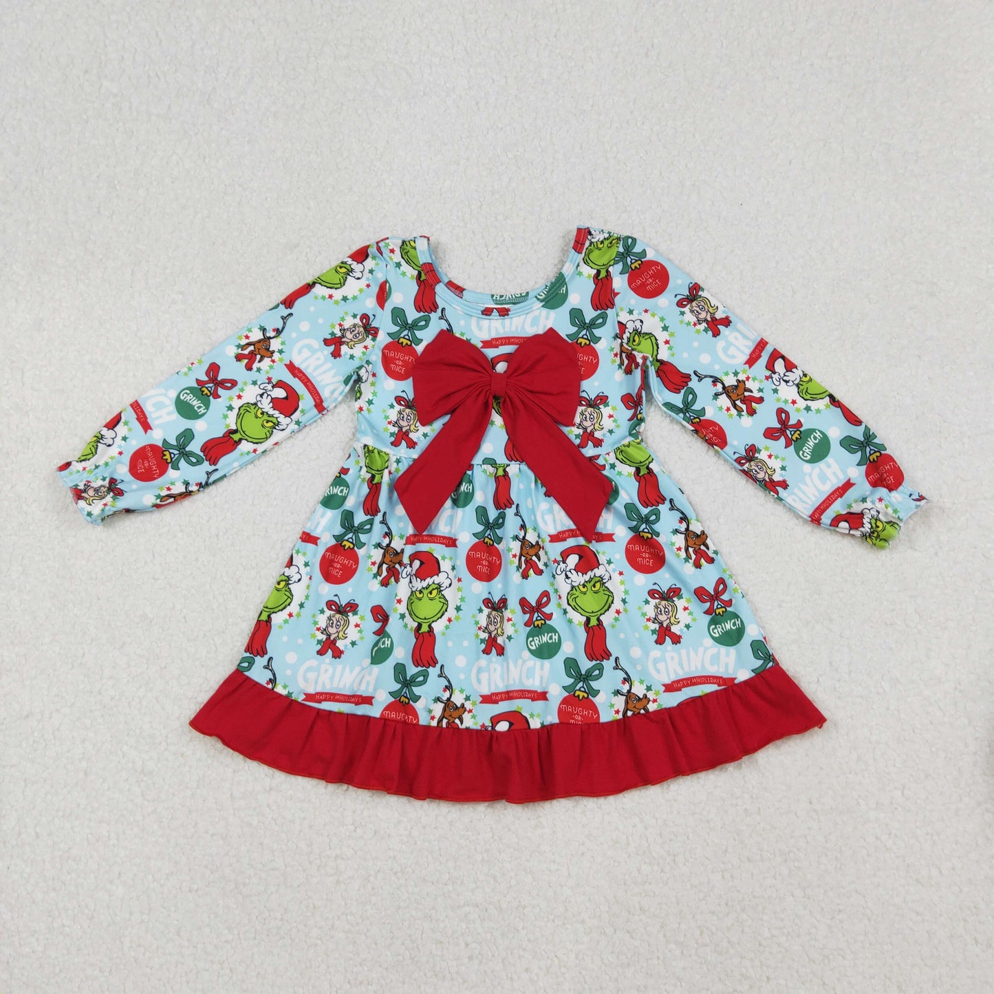 RTS NO MOQ（In Stock) GLD1269 Blue Christmas cartoon long-sleeved dress with a red lace bow