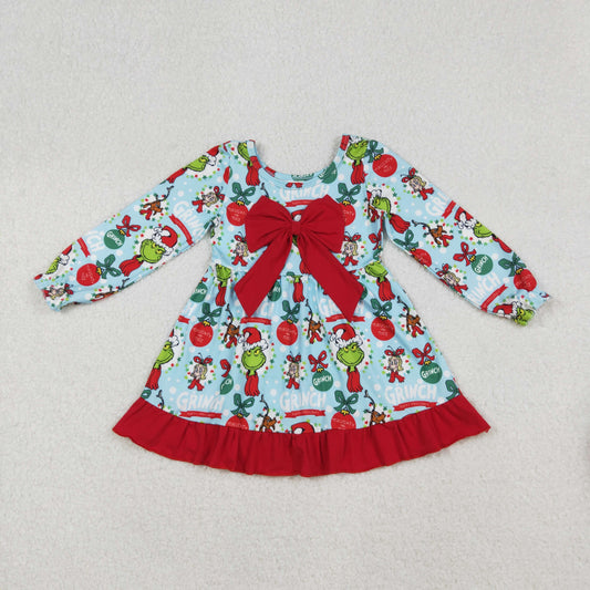 RTS NO MOQ（In Stock) GLD1269 Blue Christmas cartoon long-sleeved dress with a red lace bow