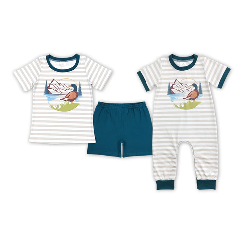 Baby Boys Khaki Stripes Duck Hunting Rompers Brother Clothing Sets