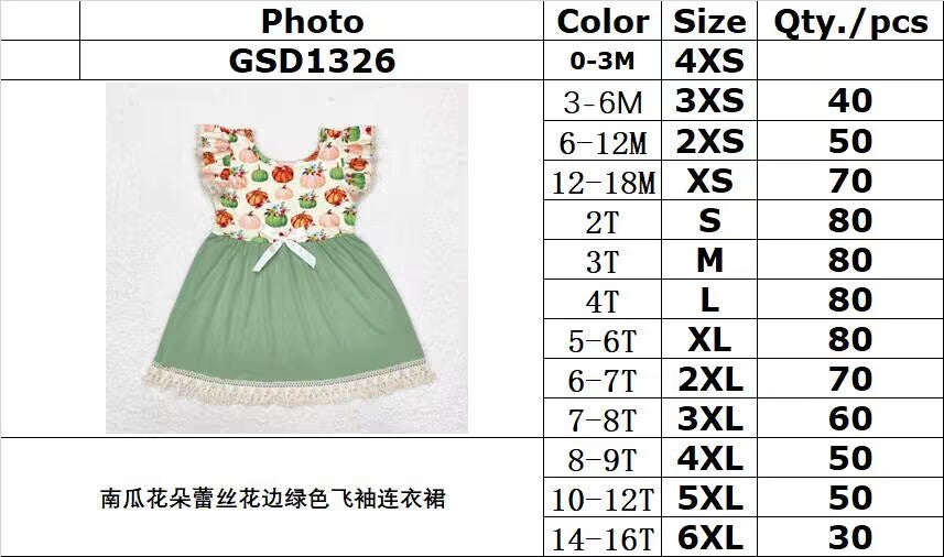 rts no moq GSD1326 Pumpkin flower lace green flying sleeve dress