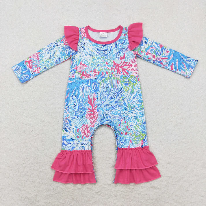 RTS NO MOQ  print  Baby Girls Pink Seaweed Sibling Rompers Clothes Sets