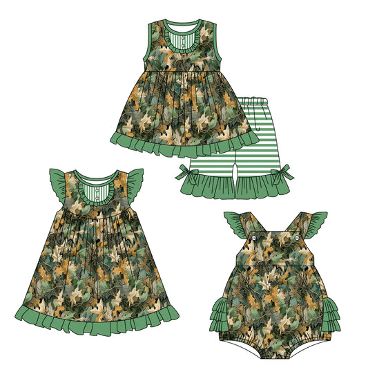 1.4 custom each style moq 5eta 4-6week Sibling Sistes camouflage baby girl short sleeve shorts sets and dress and rompers match family design